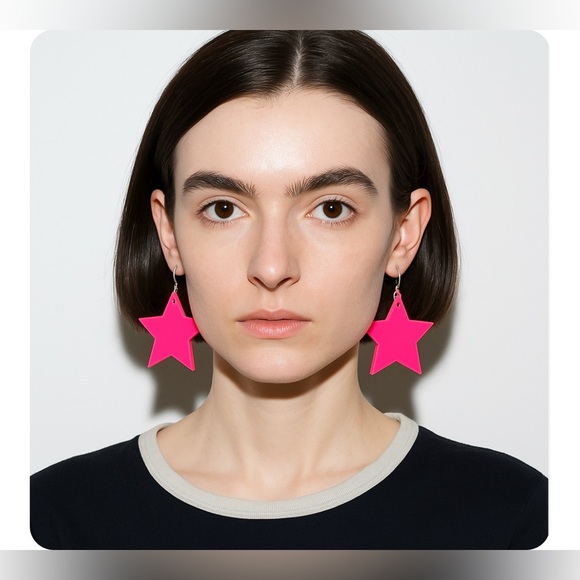 Pink Acrylic Star Silver Hook Earrings - Picture 4 of 14